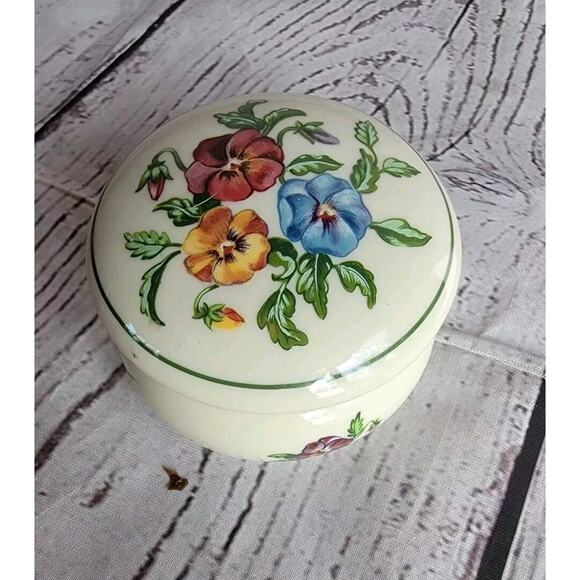 Partylite Pansy Hinged Trinket Box 3" Diameter Gold Tone Hardware - Picture 1 of 8